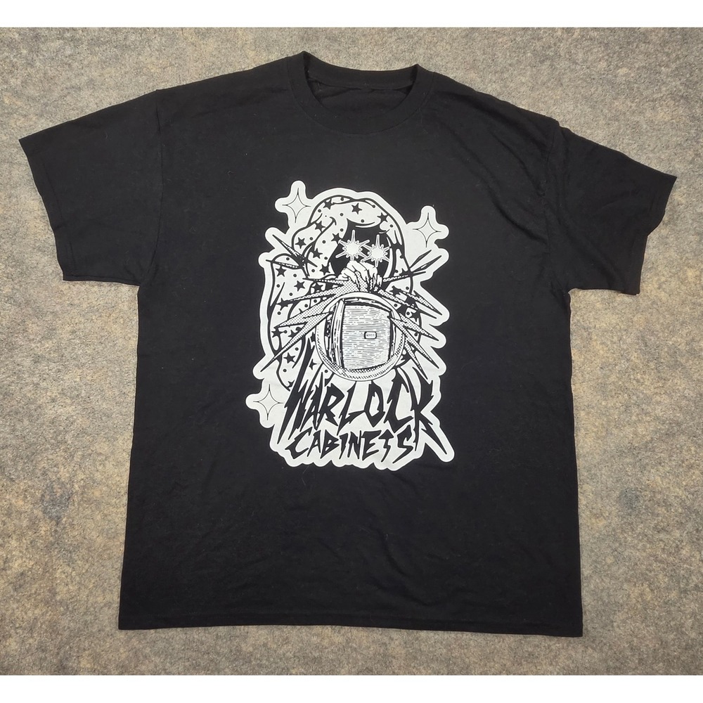 Warlock Cabinets Graphic T-Shirt Black Wizard Hooded Figure Short Sleeve XL